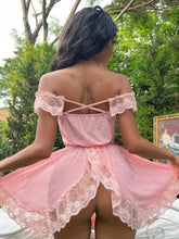 Mesh Lace Trim Bow Crisscross Back Off Shoulder Dress & Thong